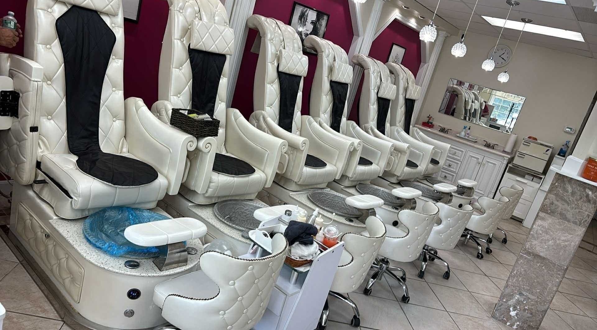 Luxurious pedicure chairs at Banusti Beauty Nails, Burlington, Massachusetts, US offering relaxing spa services.