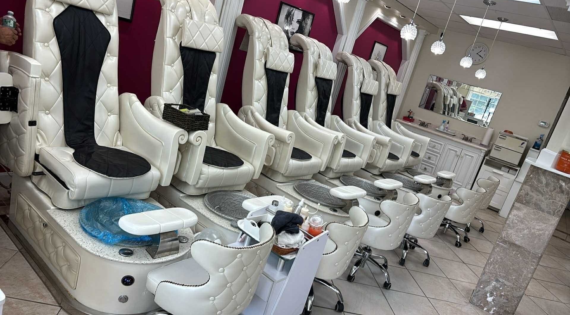 Luxurious pedicure chairs at Banusti Beauty Nails, Burlington, Massachusetts, US offering relaxing spa services.