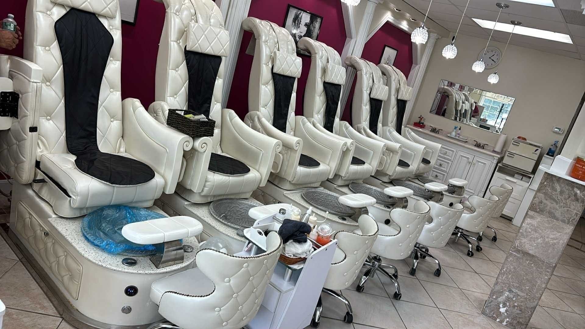 Luxurious pedicure chairs at Banusti Beauty Nails, Burlington, Massachusetts, US offering relaxing spa services.