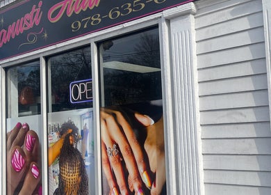 Front view of Banusti Beauty LLC in Billerica, Massachusetts, US, showcasing colorful nail and hair designs.