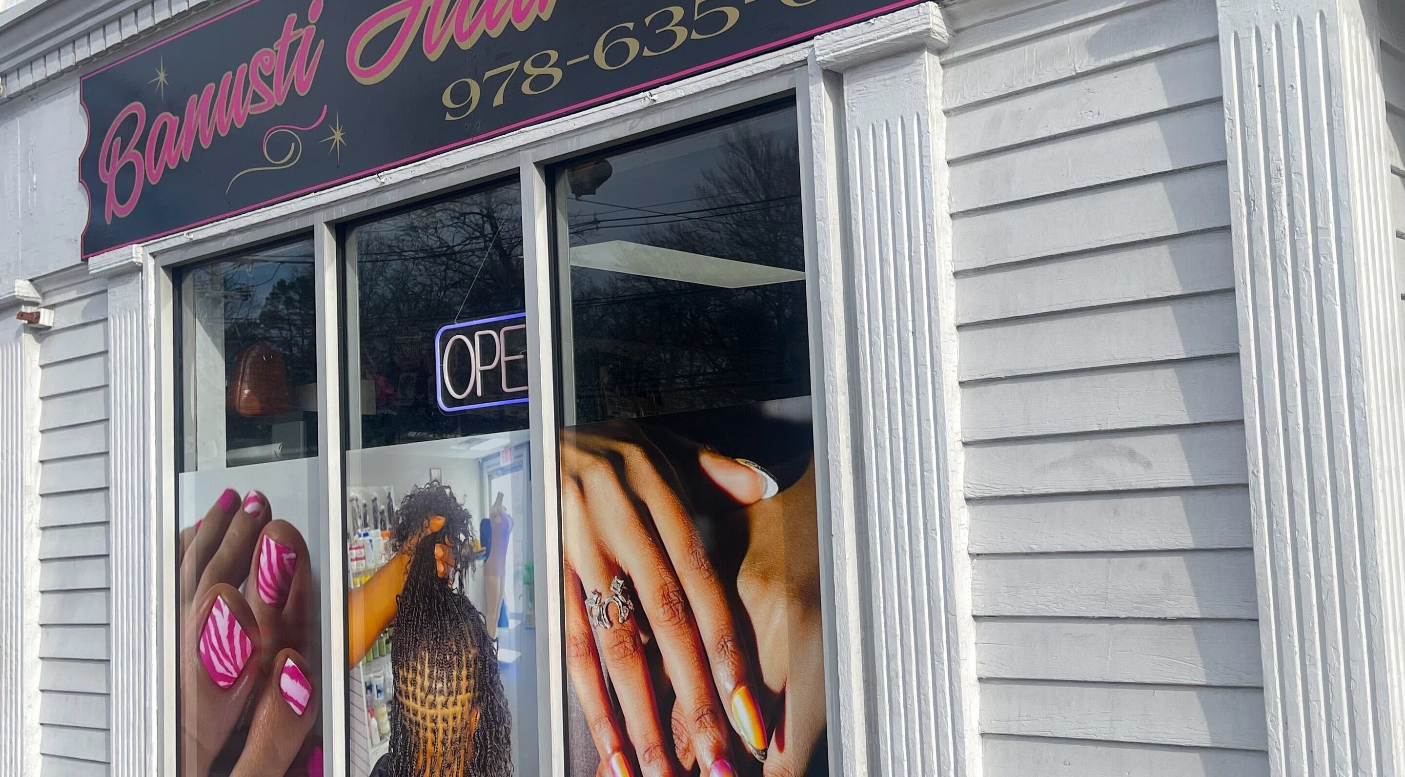Front view of Banusti Beauty LLC in Billerica, Massachusetts, US, showcasing colorful nail and hair designs.
