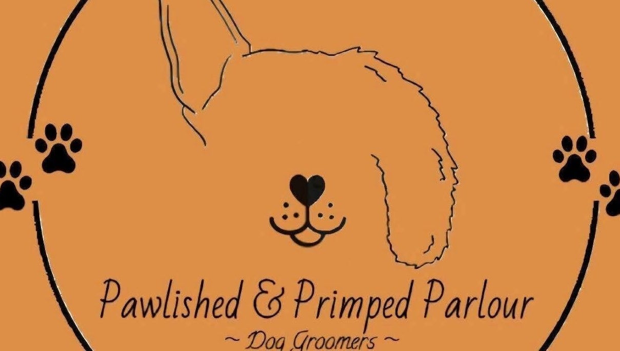 Logo of Pawlished and Primped Parlour, Wrington, England. Features dog face and paw prints.