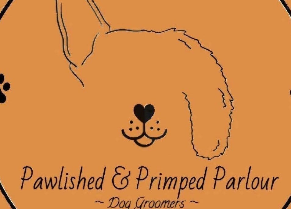 Logo of Pawlished and Primped Parlour, Wrington, England. Features dog face and paw prints.