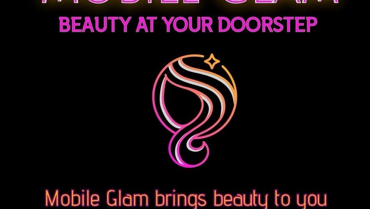 Mobile Glam logo with tagline 'Beauty at Your Doorstep', Caerphilly, Wales, GB.