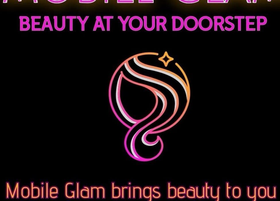 Mobile Glam logo with tagline 'Beauty at Your Doorstep', Caerphilly, Wales, GB.