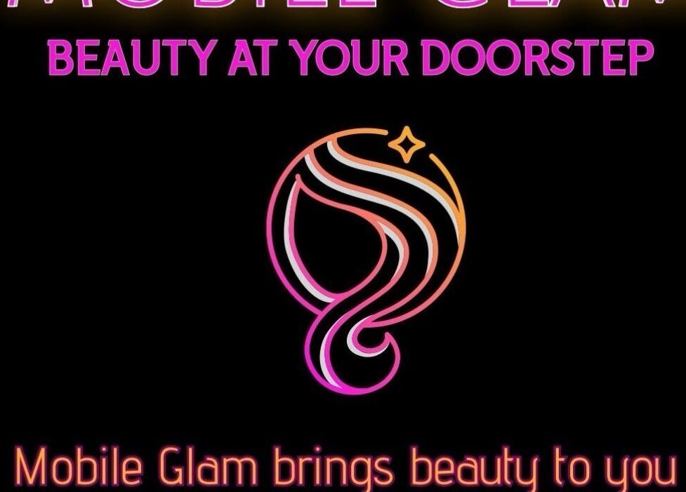 Mobile Glam logo with tagline 'Beauty at Your Doorstep', Caerphilly, Wales, GB.