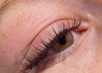 Close-up of enhanced eyelashes at Lollie Lash Lounge, Upper Coomera, Queensland, AU.