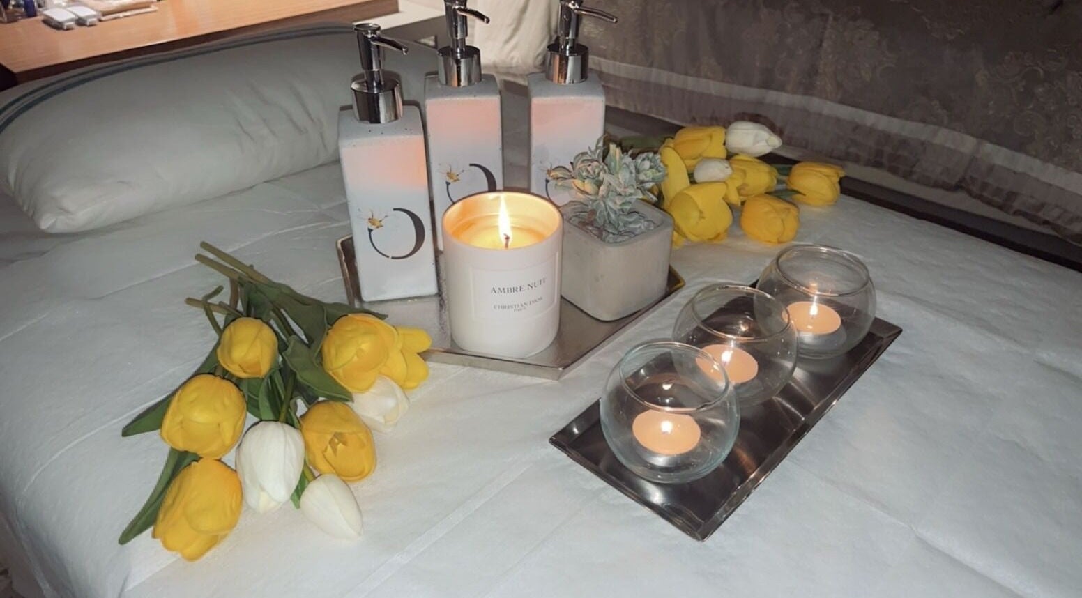 Relaxing candles and yellow tulips at Chamomile Spa | كامومايل هوم سبا, Riyadh, Eastern Province, SA.