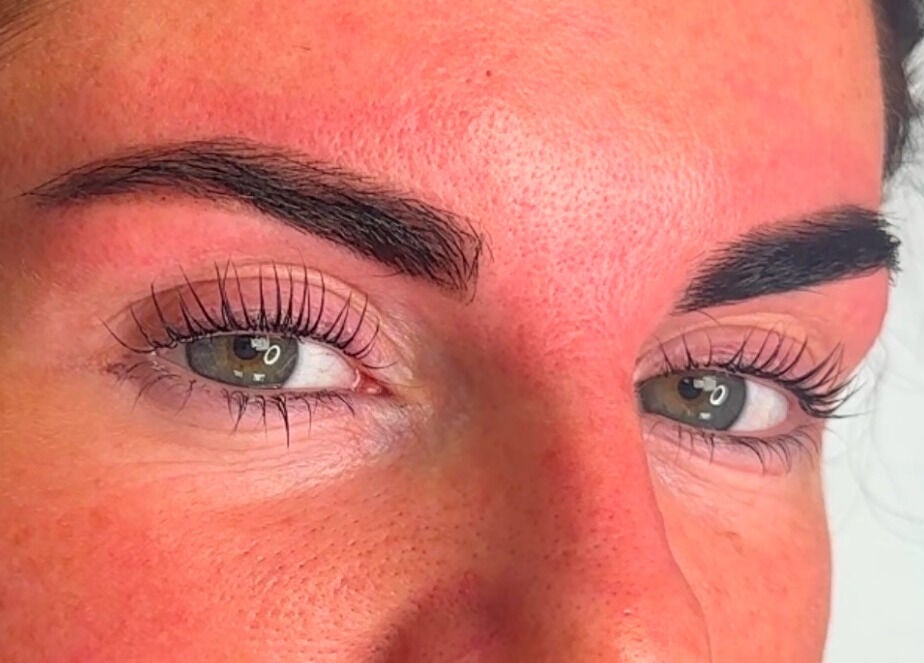 Close-up of expertly shaped eyebrows at Penelope Ink & Co, Swinton, England, GB.