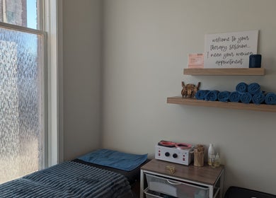 Calm waxing room at The Backdoor Wax Studio in Trail, British Columbia, CA, with cozy setup and decor.