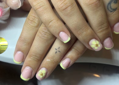 Unique floral French manicure with yellow tips by Nailsbymaddymae, Brighton And Hove, England, GB.