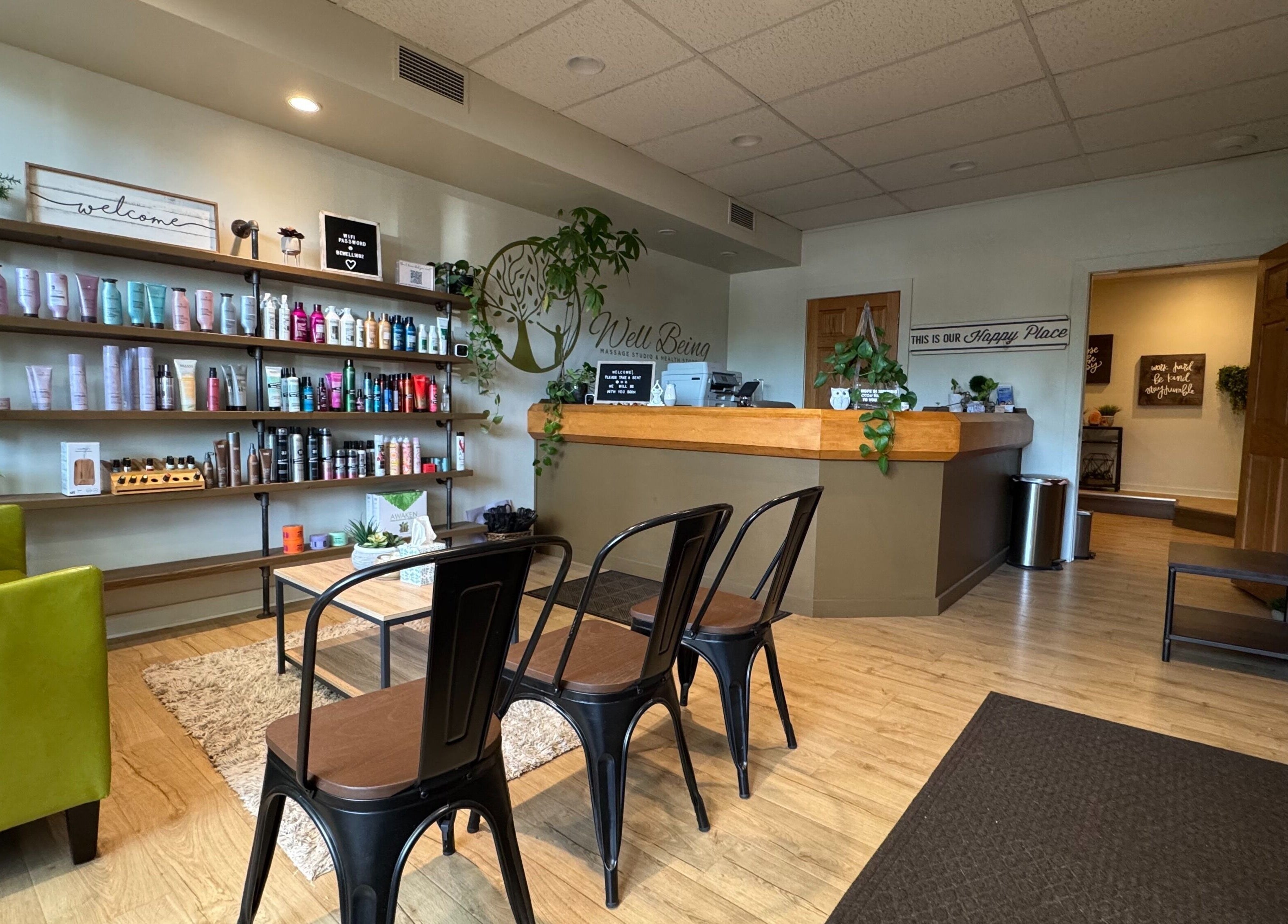 Reception area of Licensed Massage Therapist Korey Cleaver at Well Being Akron, Akron, Ohio, US, with product shelves.