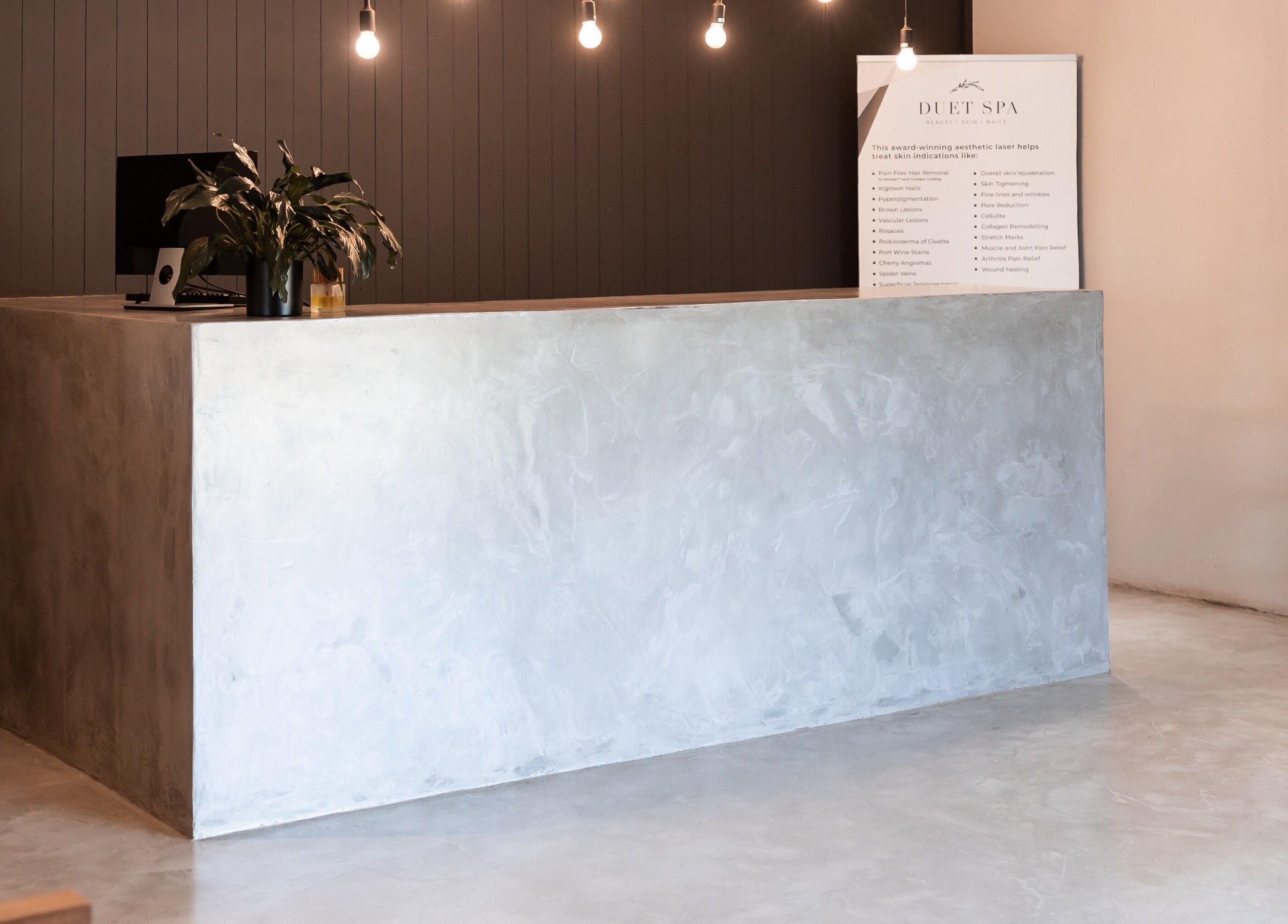 Modern reception desk at Duet Aesthetics Laser & Beauty in Lydenburg, Mpumalanga, ZA.