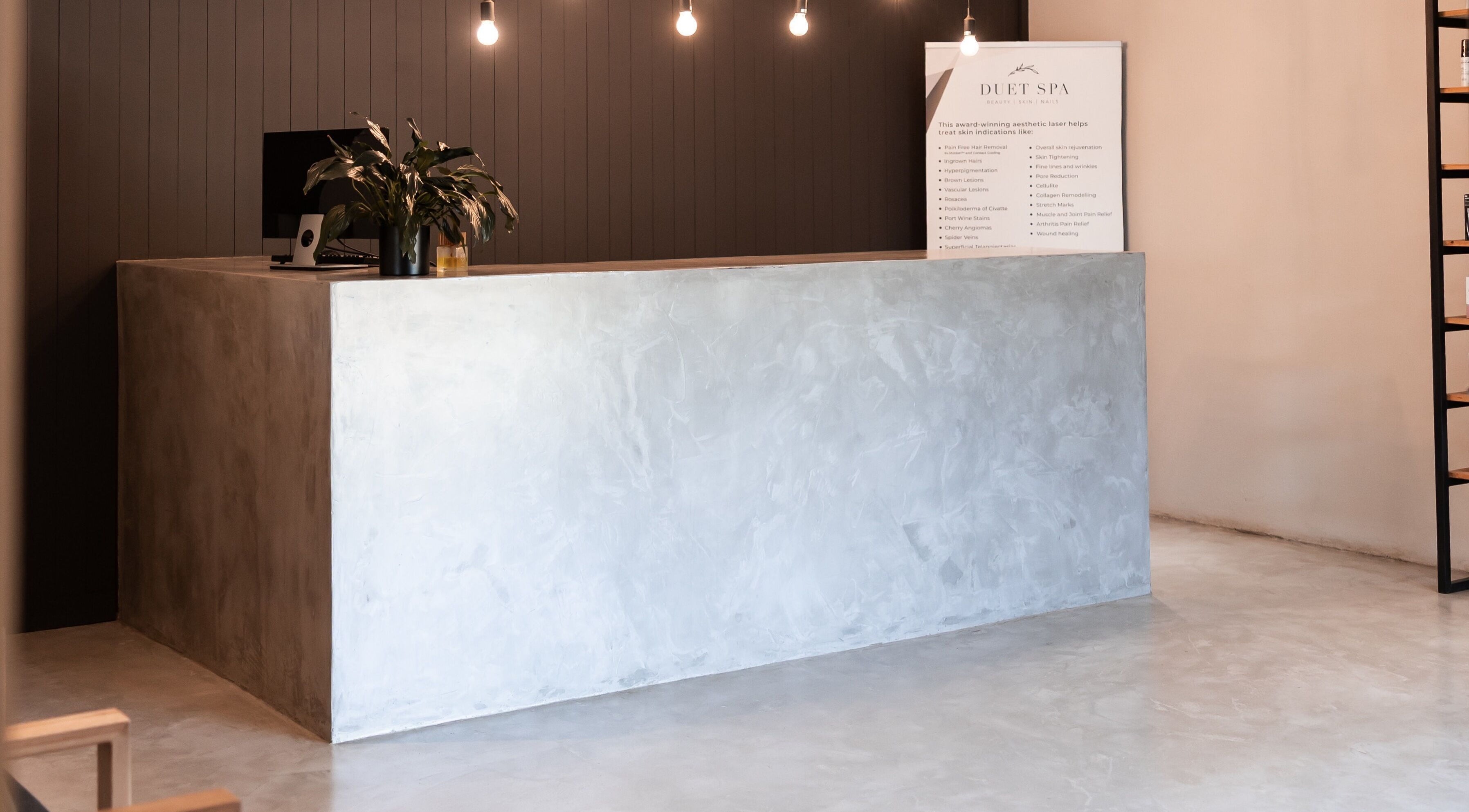Modern reception desk at Duet Aesthetics Laser & Beauty in Lydenburg, Mpumalanga, ZA.