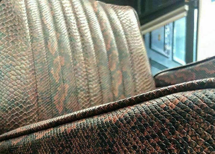 Snakeskin-patterned barber chair at Benjamin’s Barber Shop, Edinburgh, Scotland, GB.