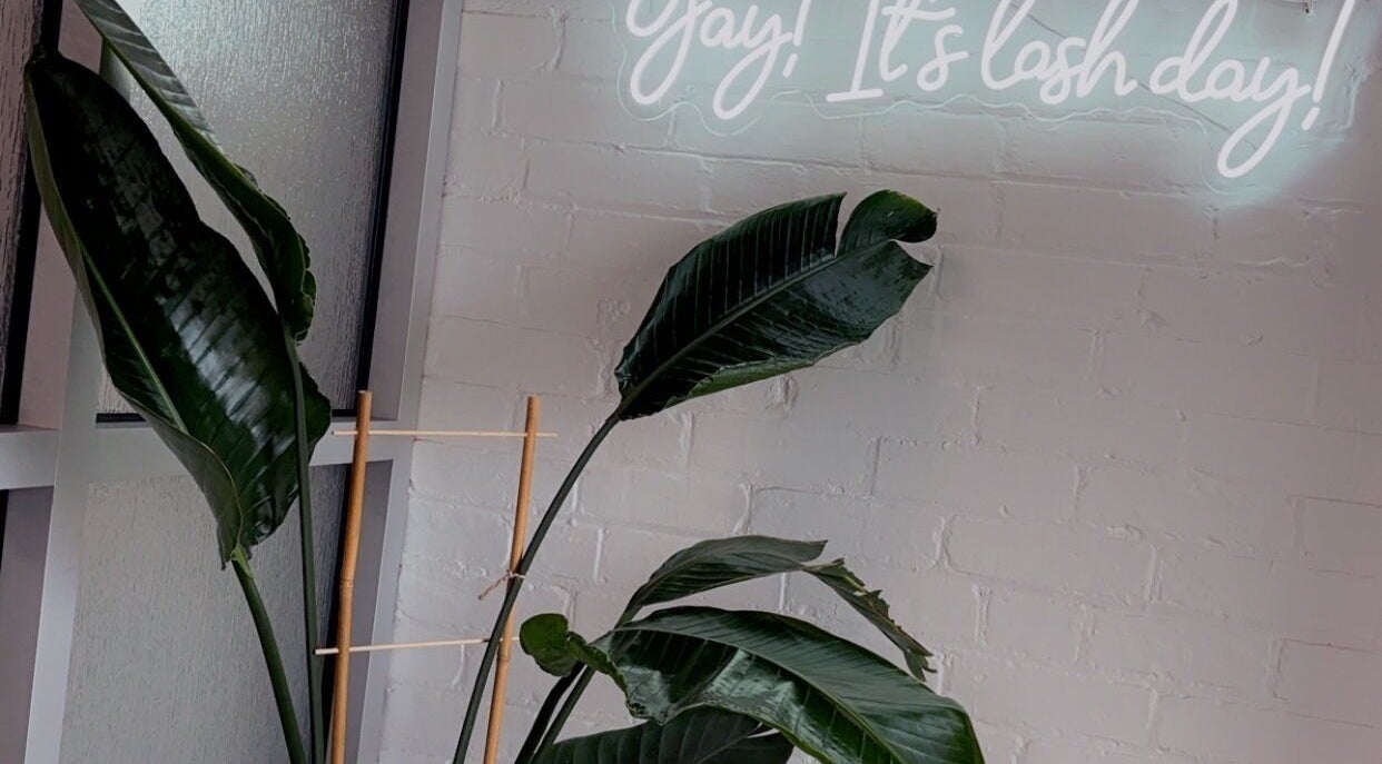 Stylish corner with lush plant and neon sign at The Lash Co., Windsor, Ontario, CA.