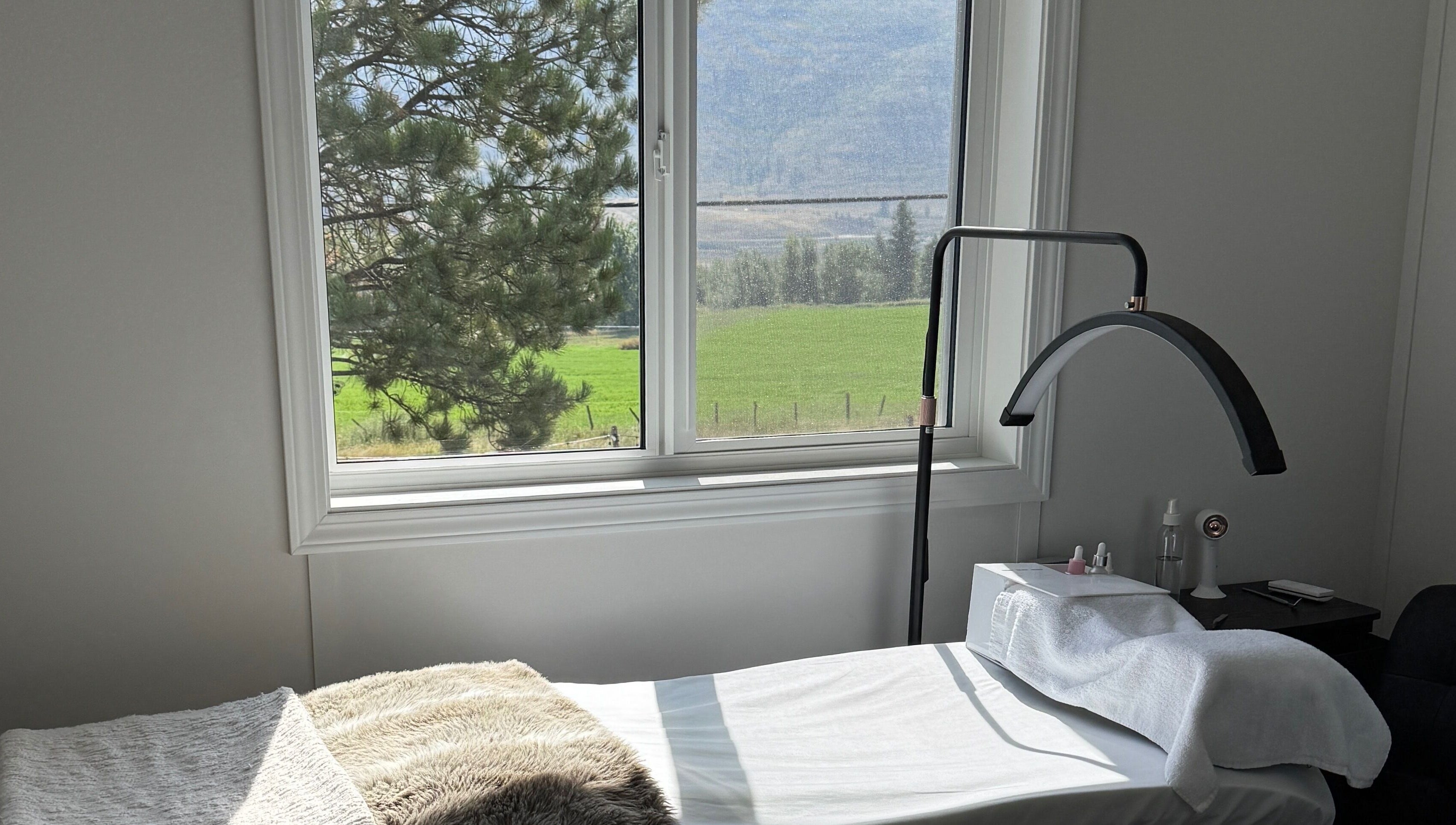 Relaxing treatment room view at Lashes by Alicia, Kamloops, British Columbia, CA with lush greenery.
