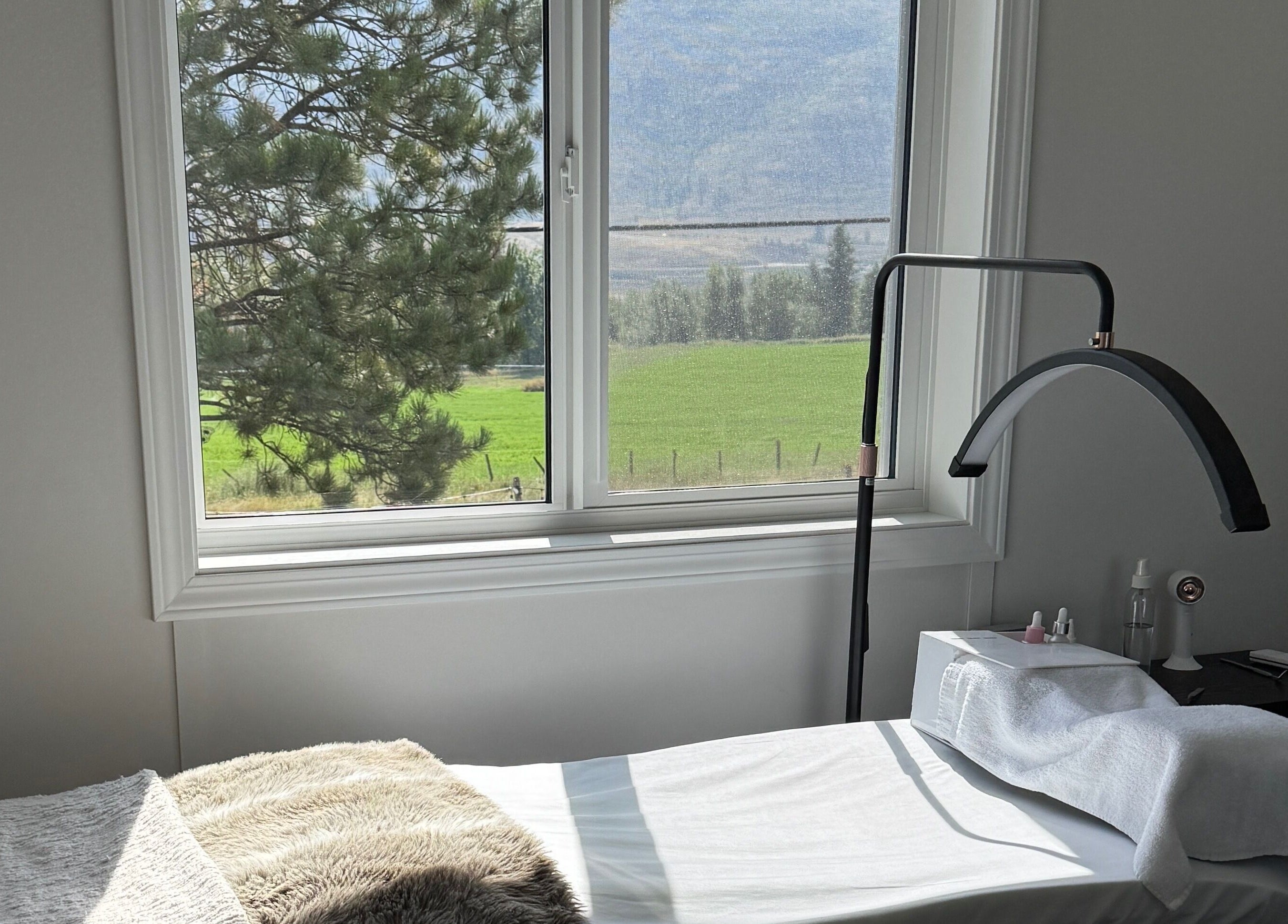 Relaxing treatment room view at Lashes by Alicia, Kamloops, British Columbia, CA with lush greenery.