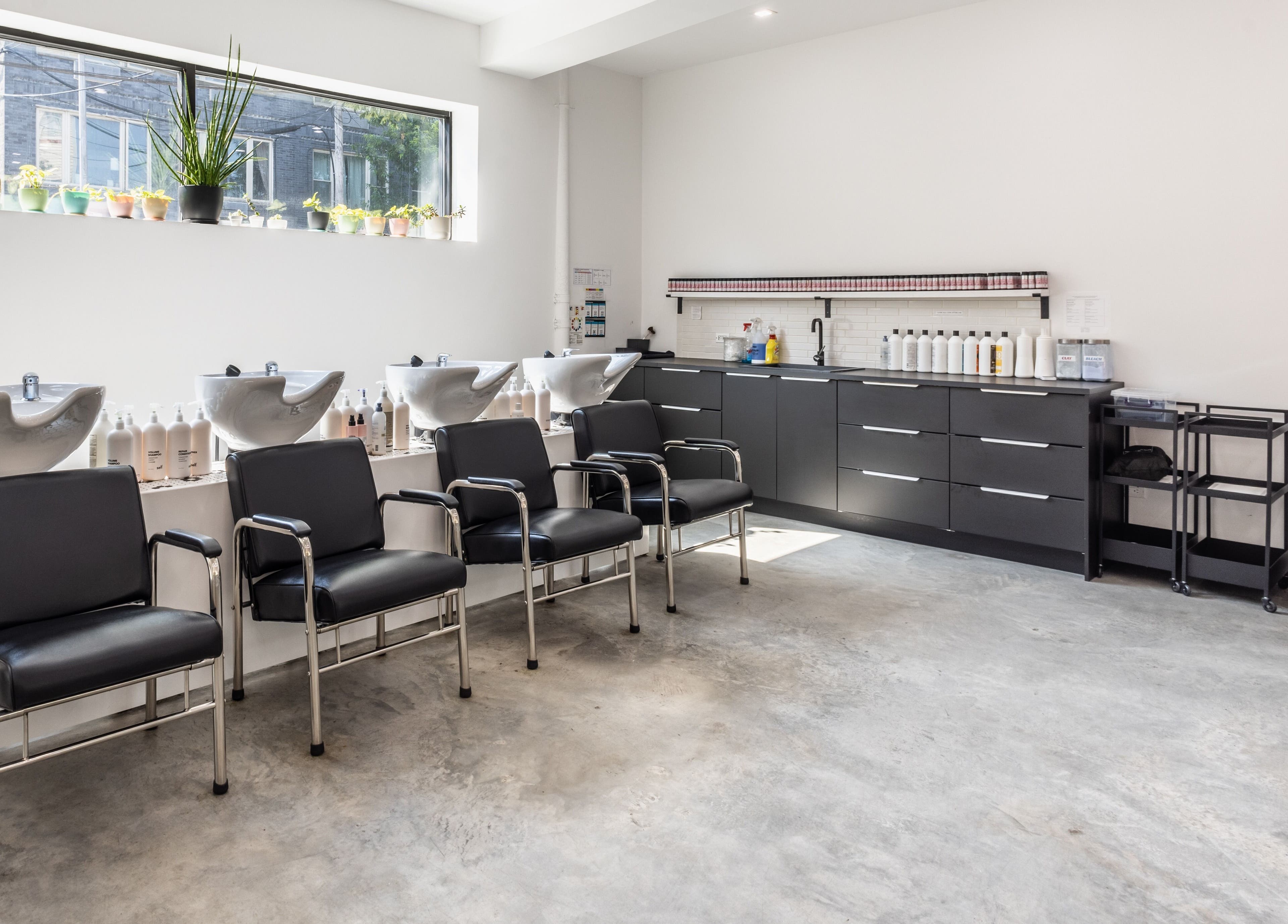 Chic salon wash stations at Self Bushwick, New York, New York, US, modern sleek design.