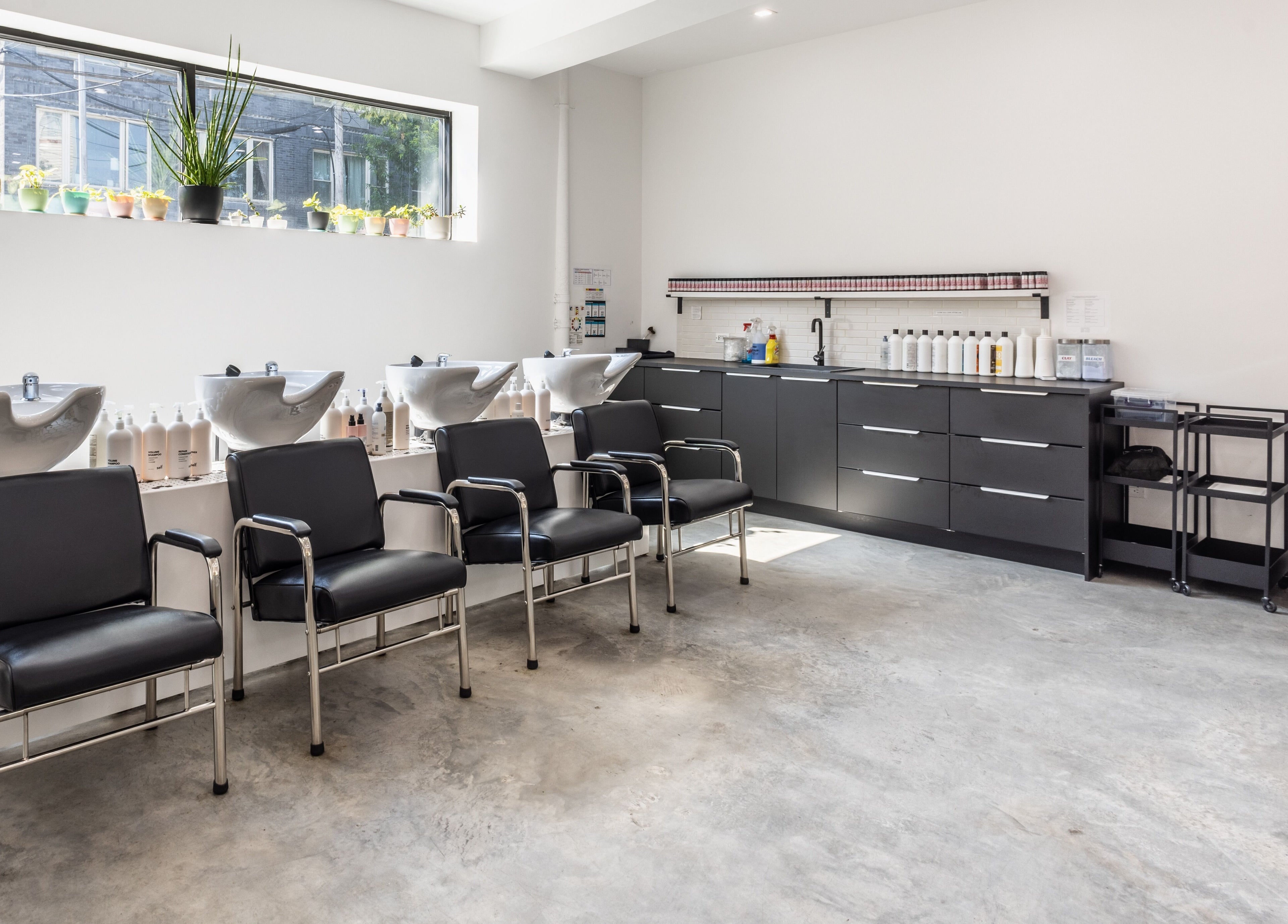 Chic salon wash stations at Self Bushwick, New York, New York, US, modern sleek design.