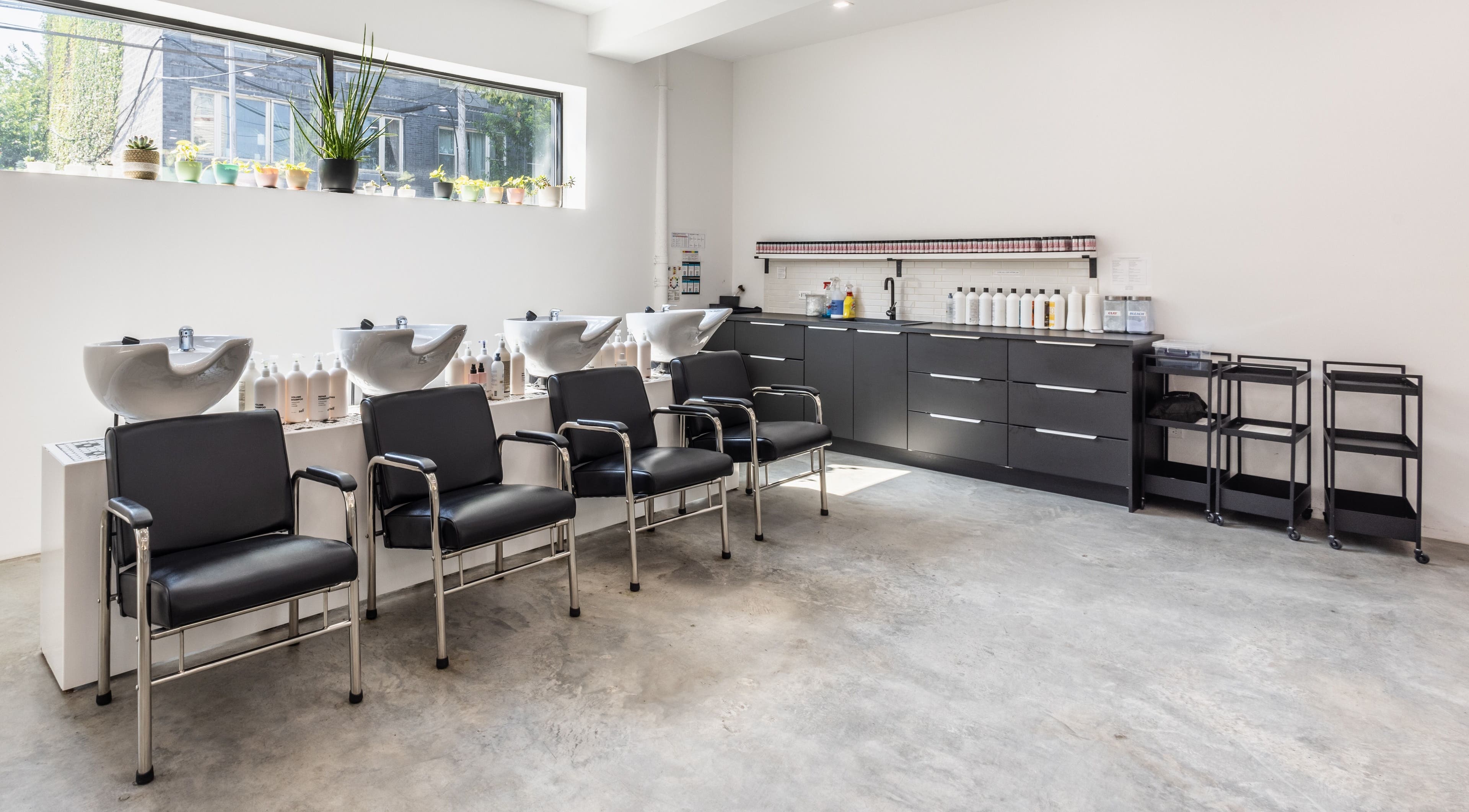 Chic salon wash stations at Self Bushwick, New York, New York, US, modern sleek design.