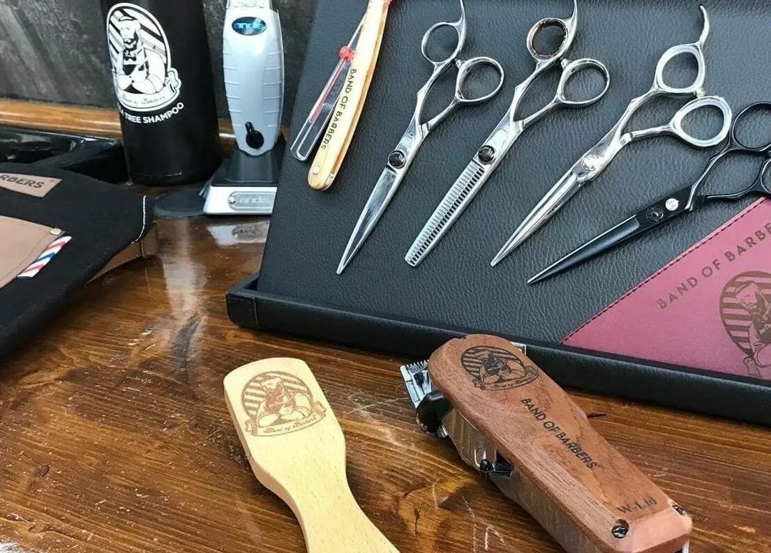 A display of barber tools at Band of Barbers VIP Fulham in London, England, GB.