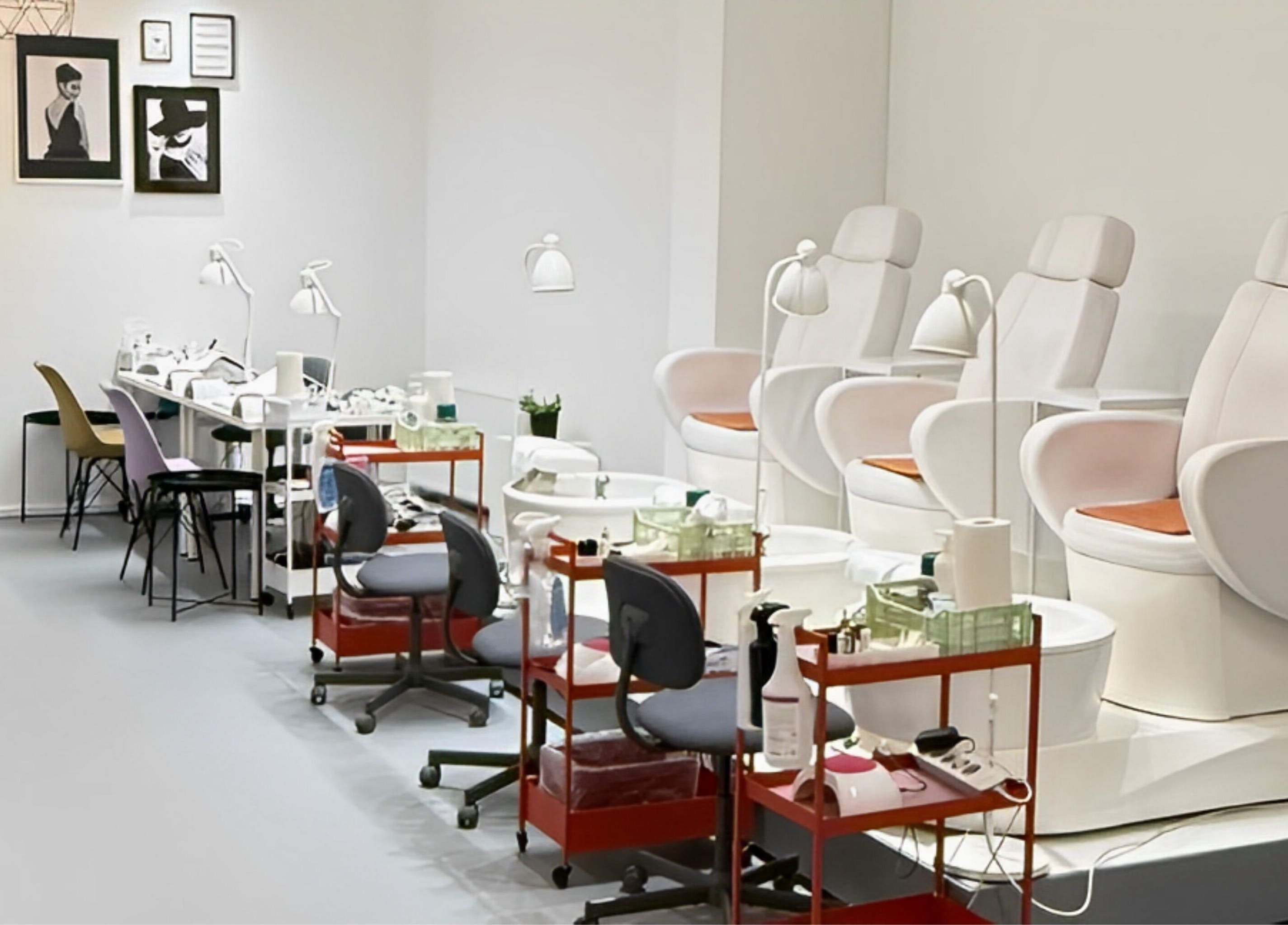 Modern beauty spa layout at Endorphine Haarlem, Haarlem, Noord-Holland, NL with stylish pedicure chairs.