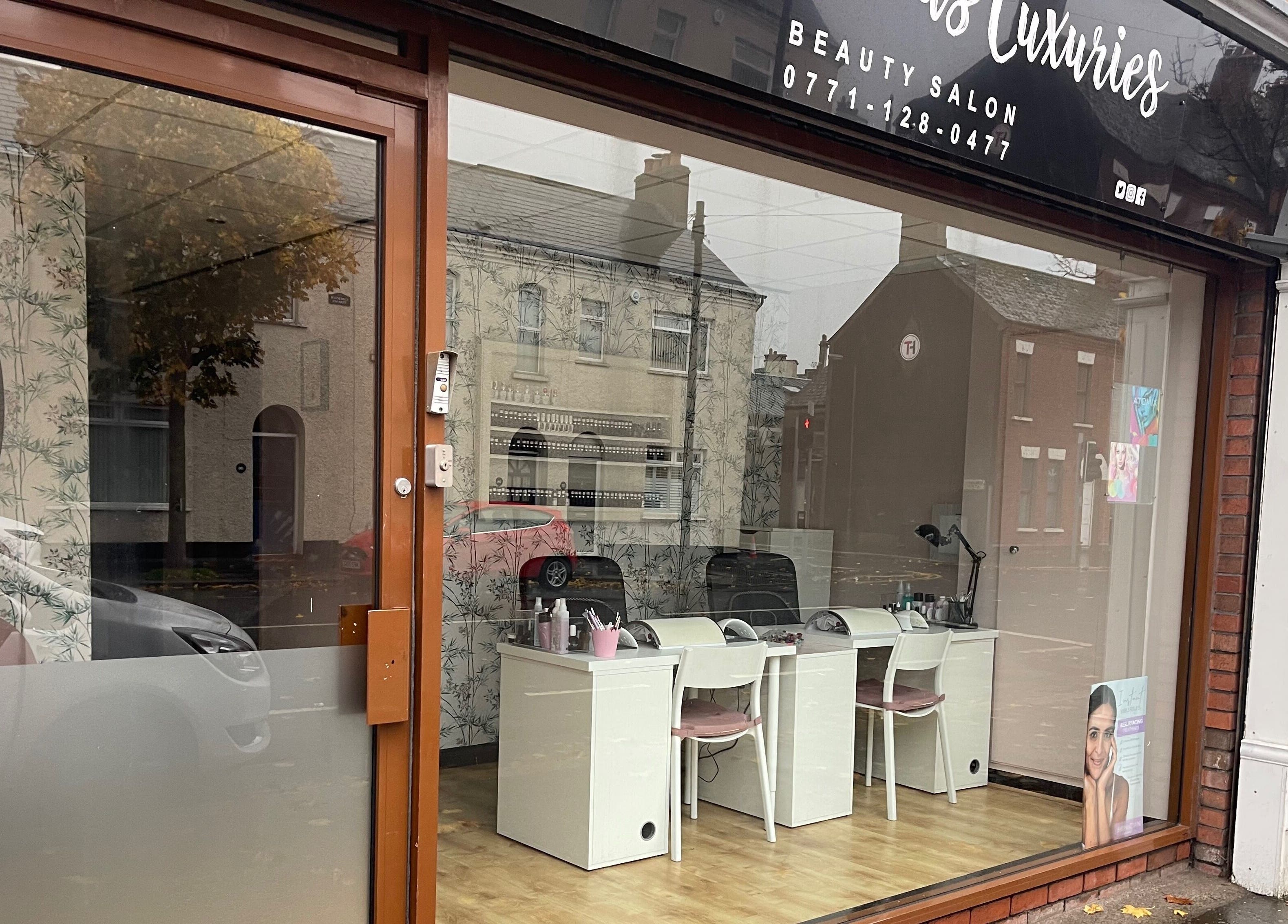 Front view of Lushious Luxuries Day Spa in Belfast, Northern Ireland, GB, showcasing modern salon interior.