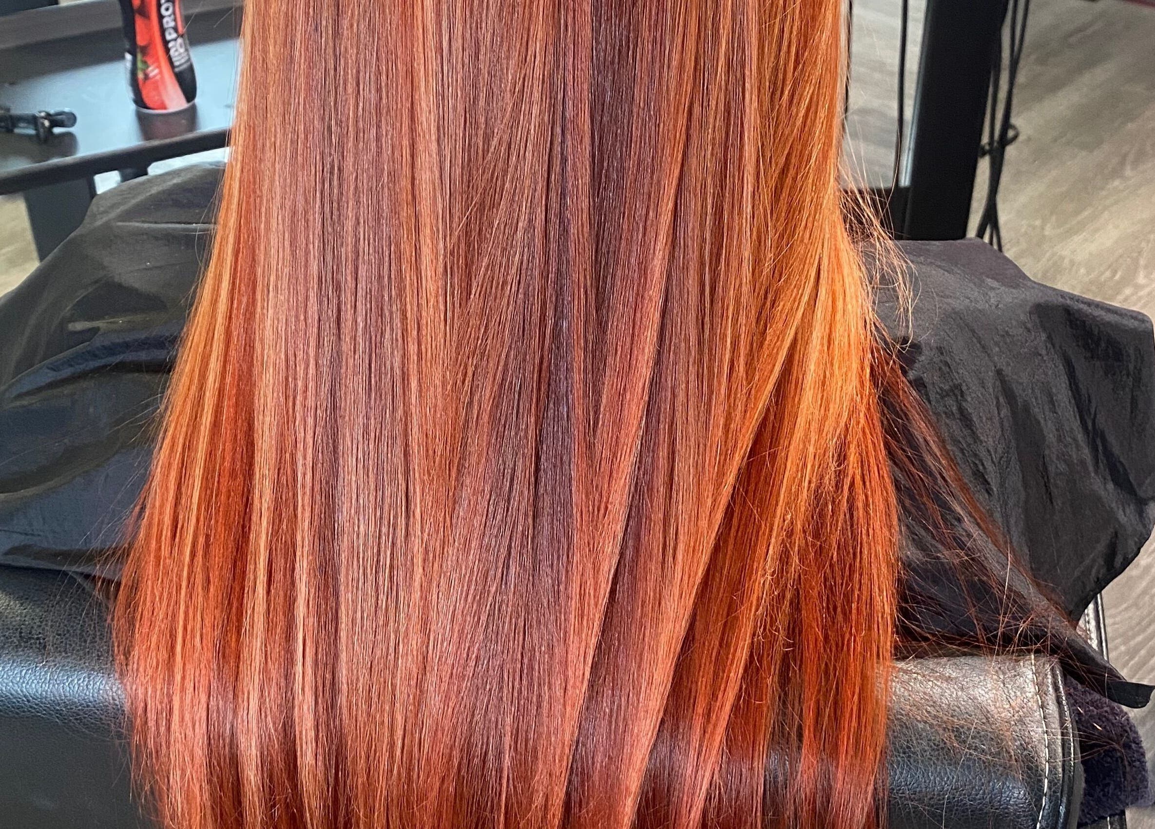 Vibrant red hair color transformation at The Grand Salon, Cahir, County Tipperary, IE.
