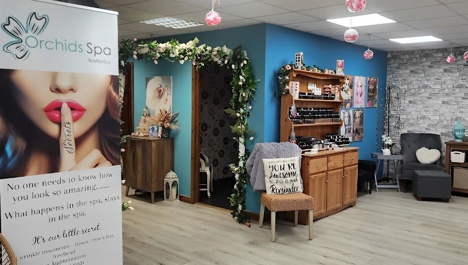 Relaxing interior of Orchids Spa and Beauty training Ltd in Stourport-on-Severn, England, GB with elegant decor.