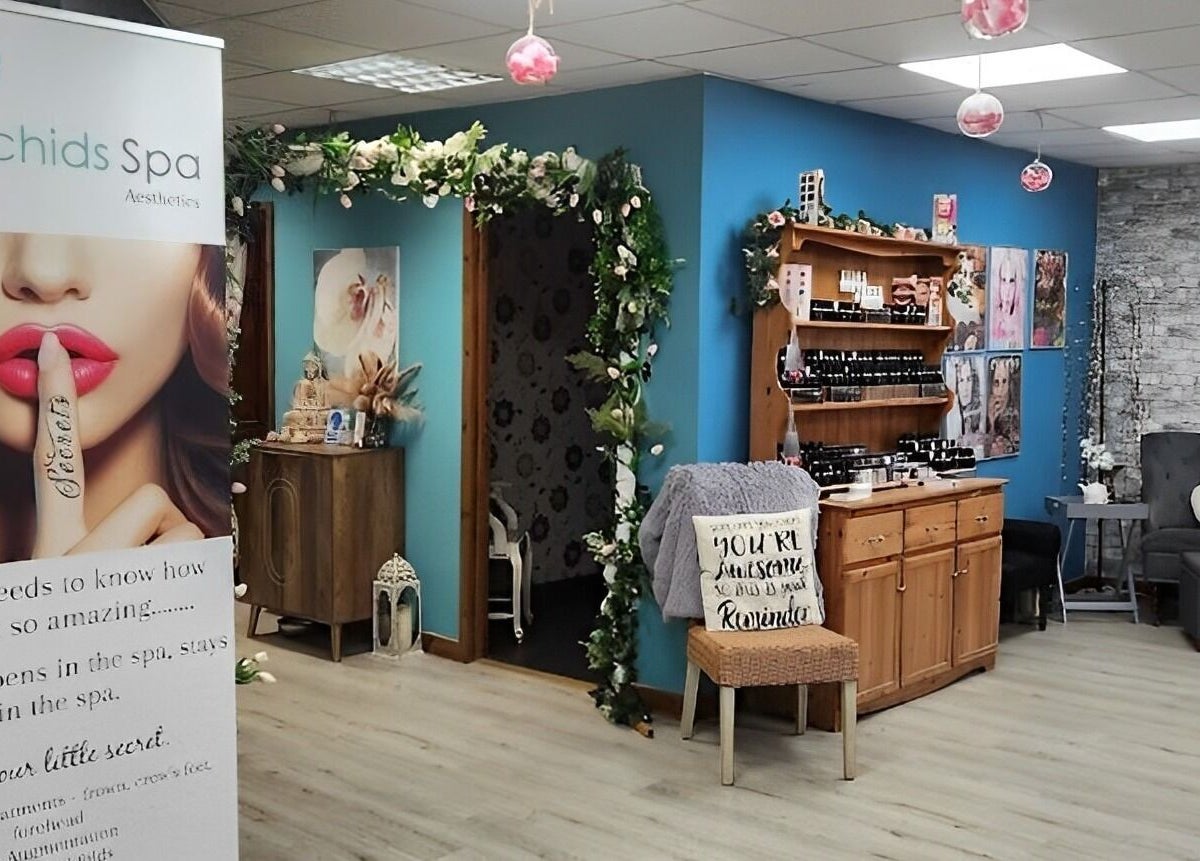Relaxing interior of Orchids Spa and Beauty training Ltd in Stourport-on-Severn, England, GB with elegant decor.
