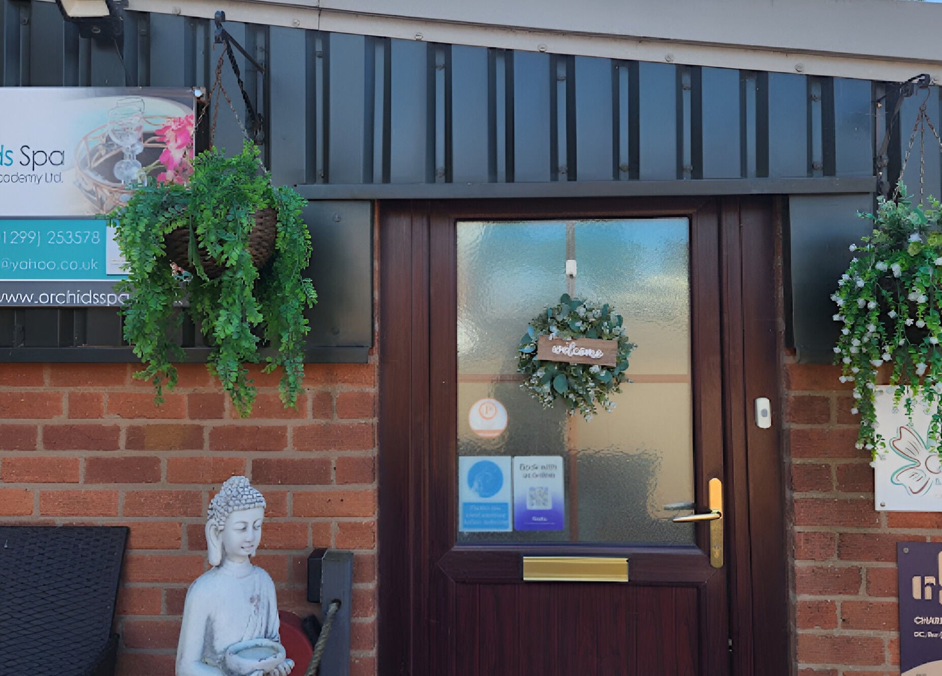 Entrance of Orchids Spa and Beauty training Ltd, Stourport-on-Severn, featuring a welcoming decor.