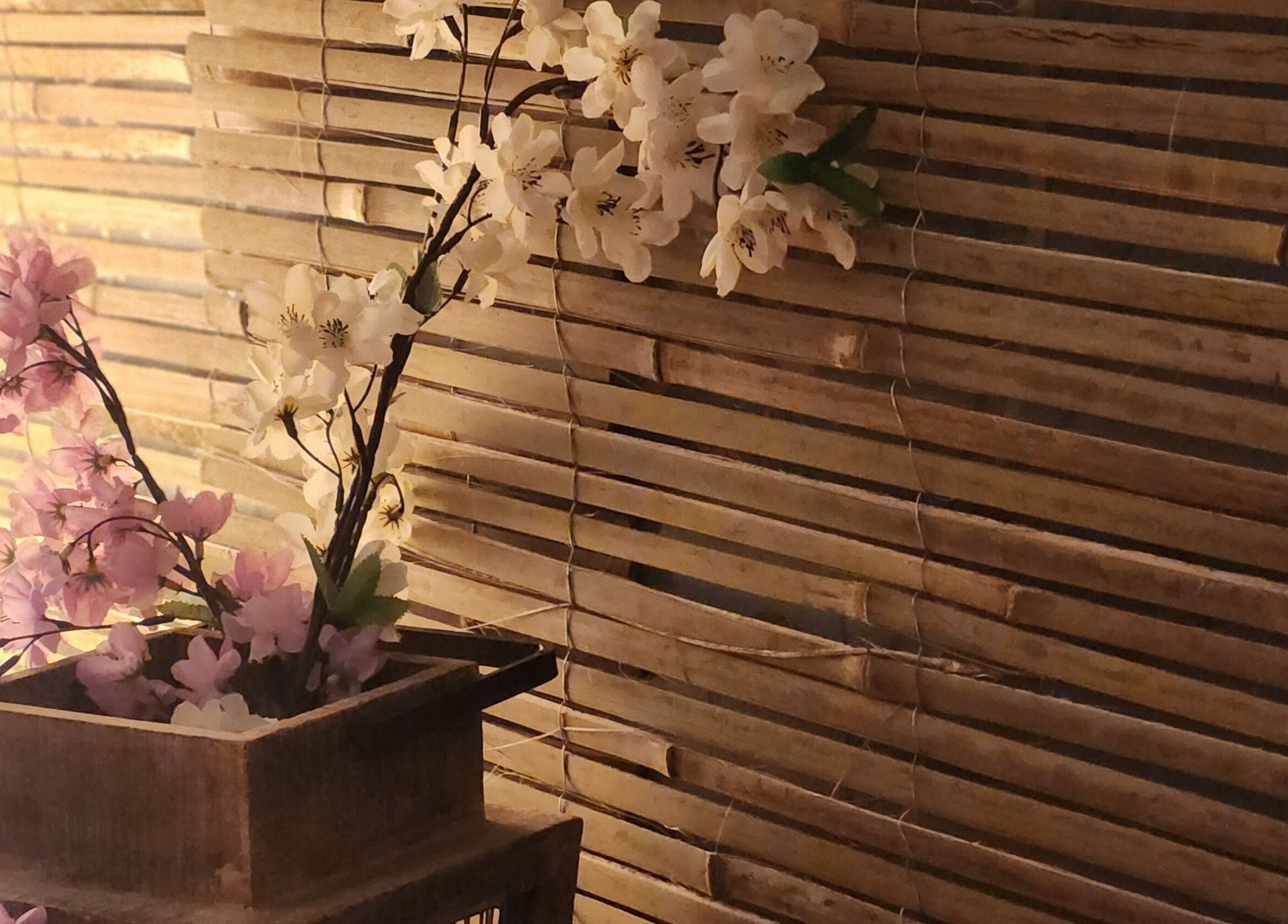 Elegant cherry blossoms against bamboo decor at Orchids Spa and Beauty training Ltd, Stourport-on-Severn, England, GB.