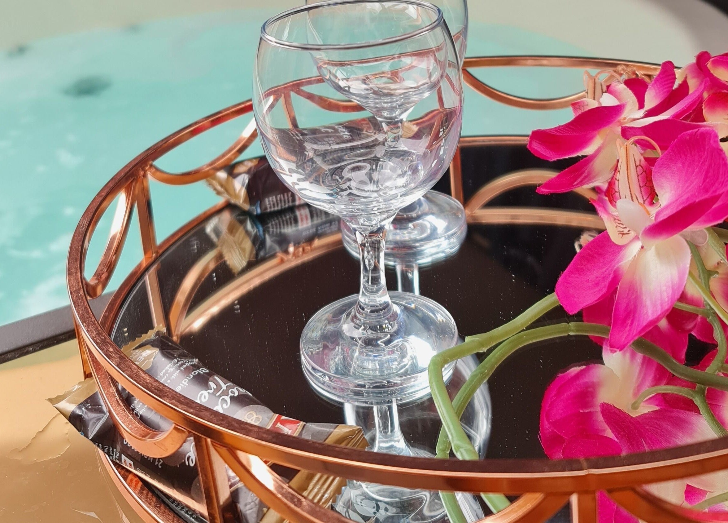 Elegant setup of glass and orchids at Orchids Spa and Beauty training Ltd in Stourport-on-Severn, England, GB.