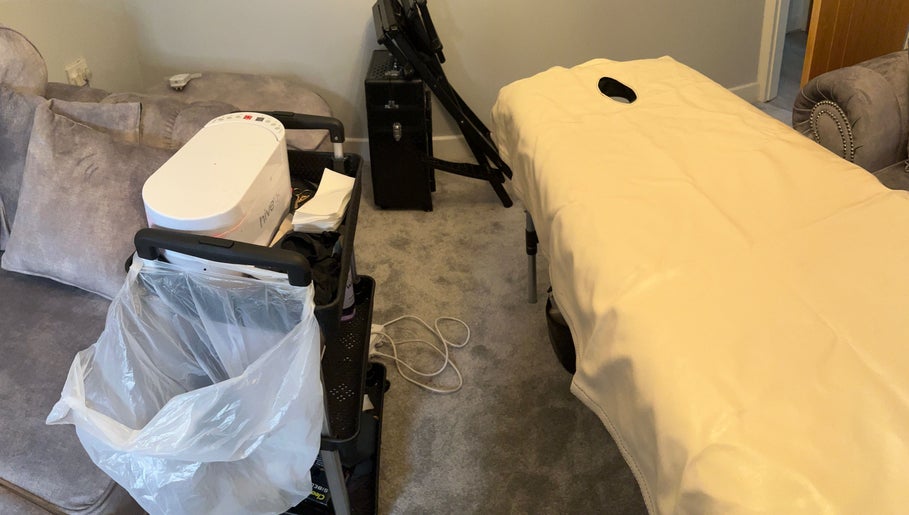 Beauty by Eme mobile spa setup in Birmingham, England, GB with massage table and equipment.