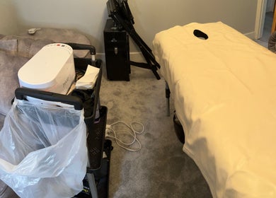 Beauty by Eme mobile spa setup in Birmingham, England, GB with massage table and equipment.