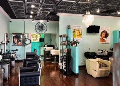 Elegant interior of MaryLuz Hair Salon in Jupiter, Florida, US. Modern design with stylish chairs and decor.