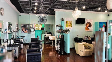 Elegant interior of MaryLuz Hair Salon in Jupiter, Florida, US. Modern design with stylish chairs and decor.
