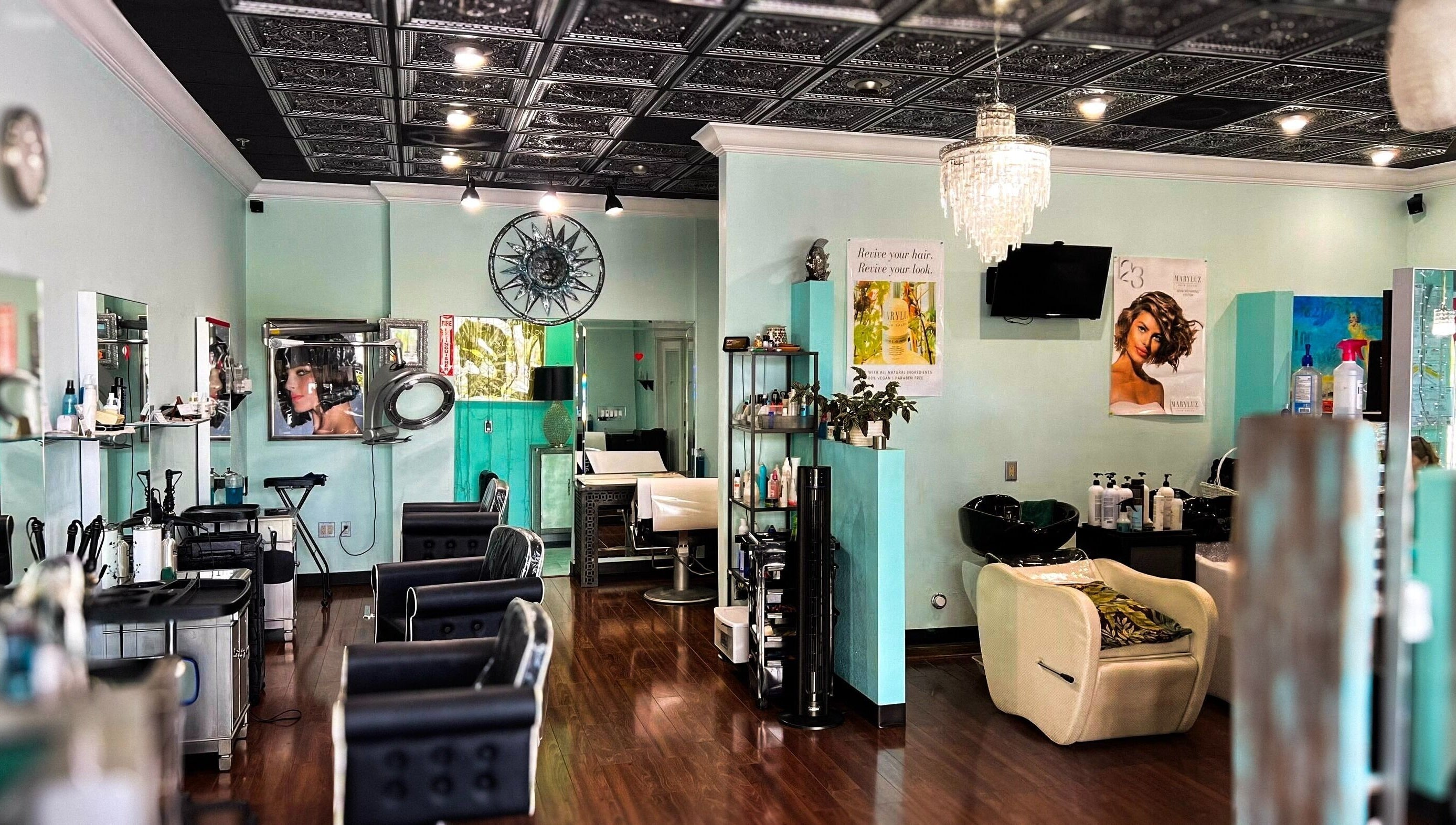 Modern interior of MaryLuz Hair Salon in Jupiter, Florida, US showcasing stylish chairs and decor.