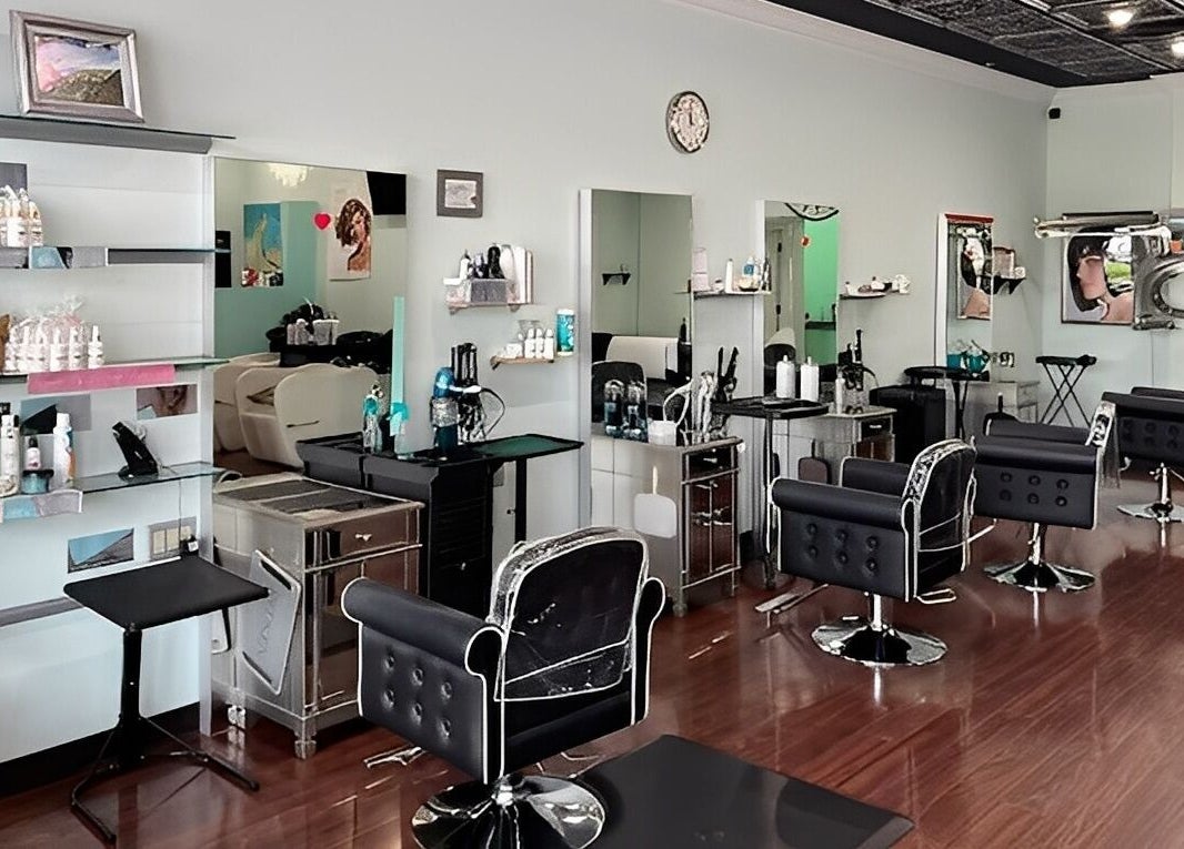 Modern styling chairs and product shelves at MaryLuz Hair Salon in Jupiter, Florida, US.