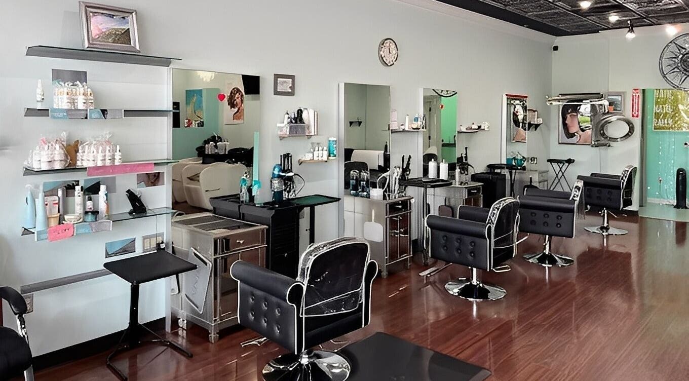 Modern styling chairs and product shelves at MaryLuz Hair Salon in Jupiter, Florida, US.