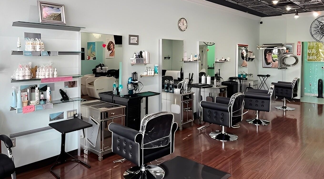 Modern styling chairs and product shelves at MaryLuz Hair Salon in Jupiter, Florida, US.
