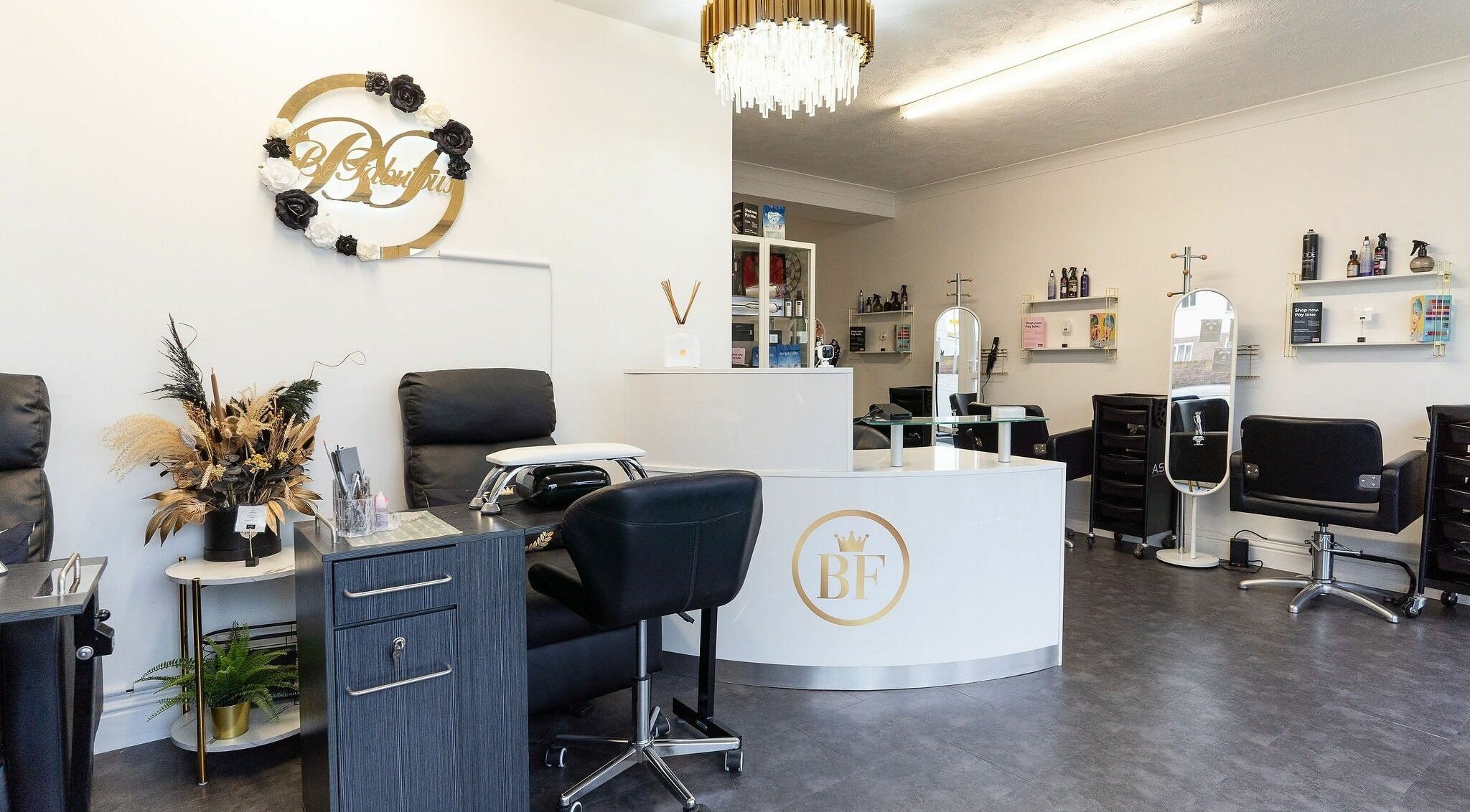 Be Fabulous salon in Peacehaven, England, GB with elegant chairs and modern decor.