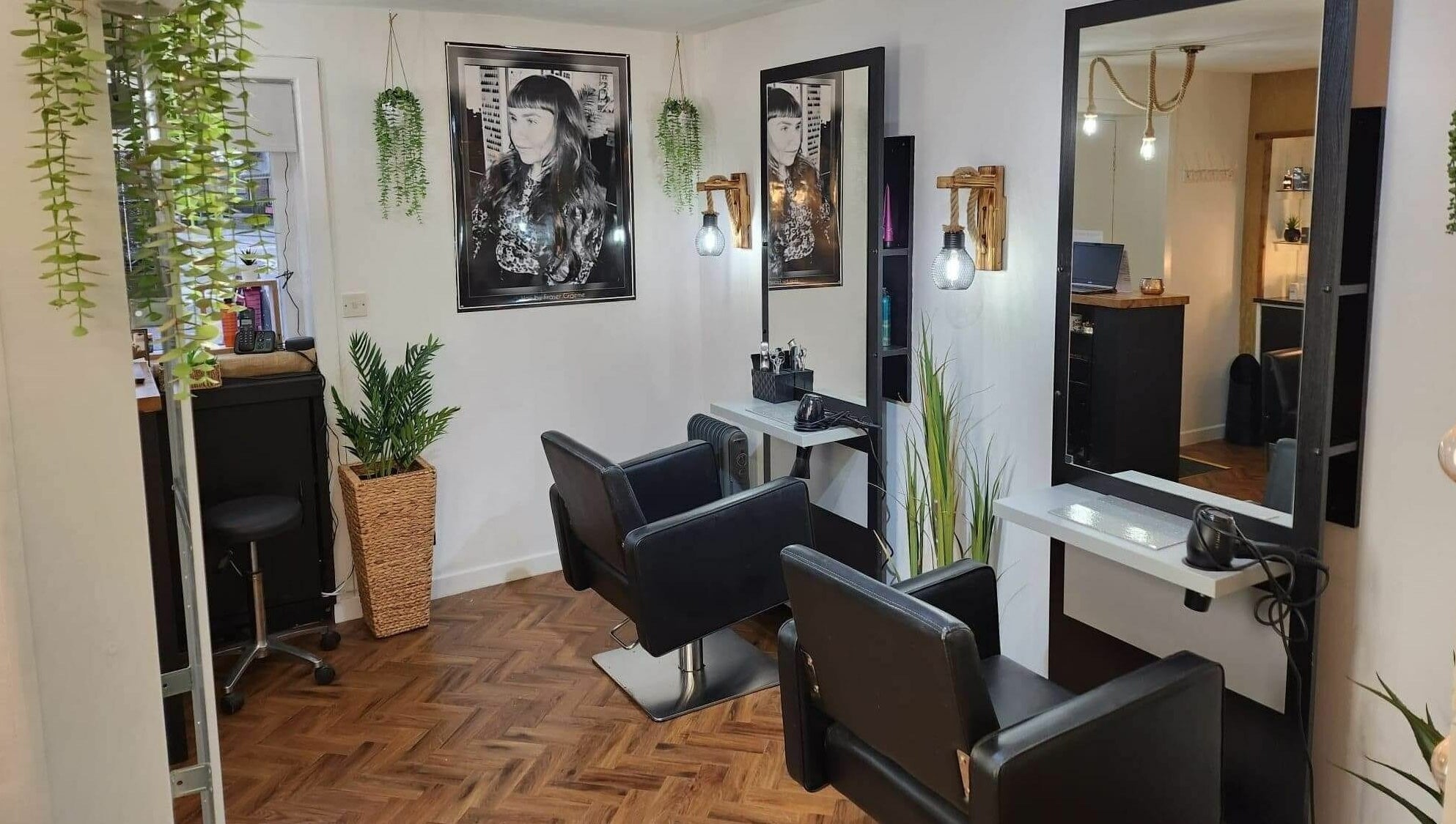 Modern salon seating area at Fraser Graeme Hairdressing and Barber Invergowrie Dundee, Invergowrie, Scotland, GB.