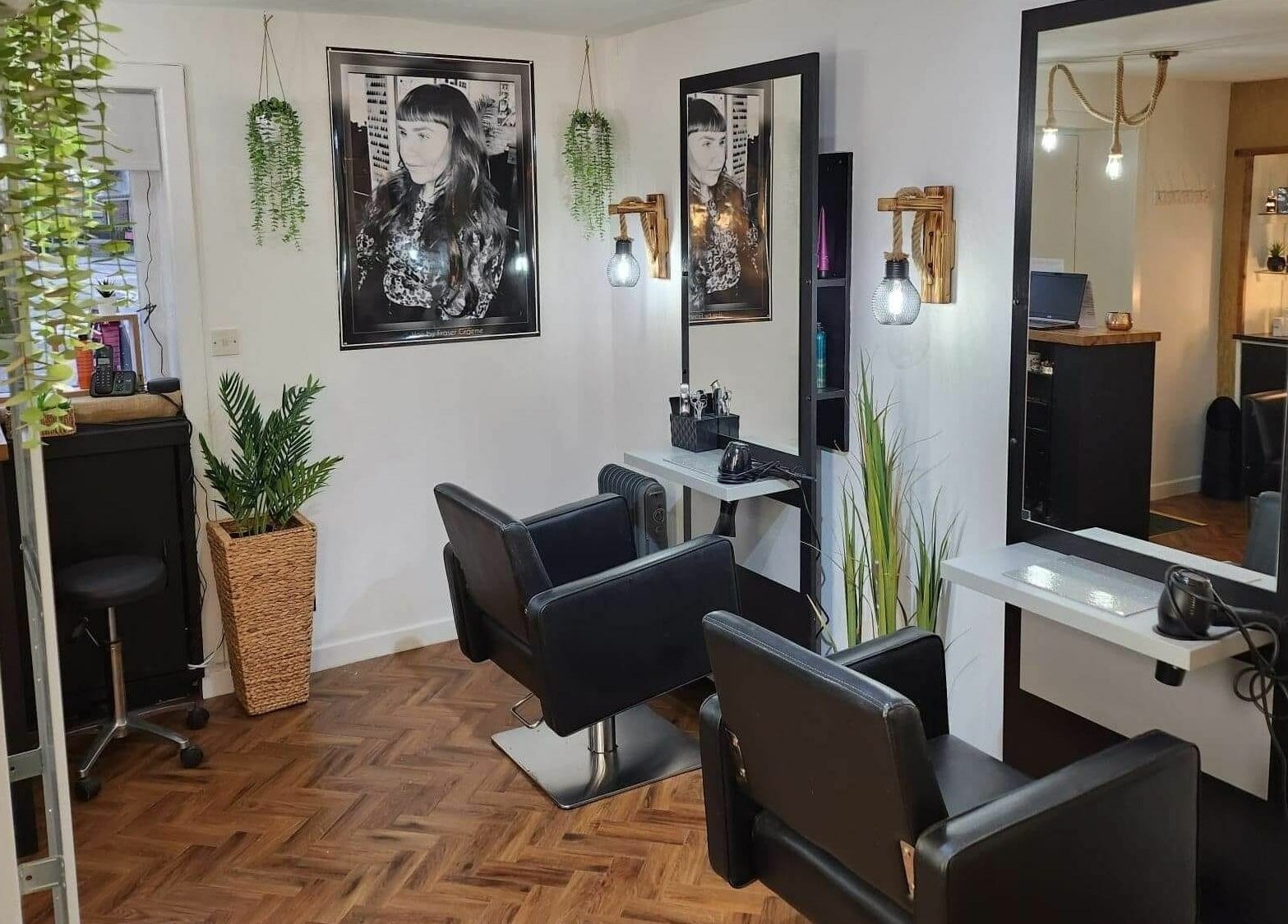Modern salon seating area at Fraser Graeme Hairdressing and Barber Invergowrie Dundee, Invergowrie, Scotland, GB.