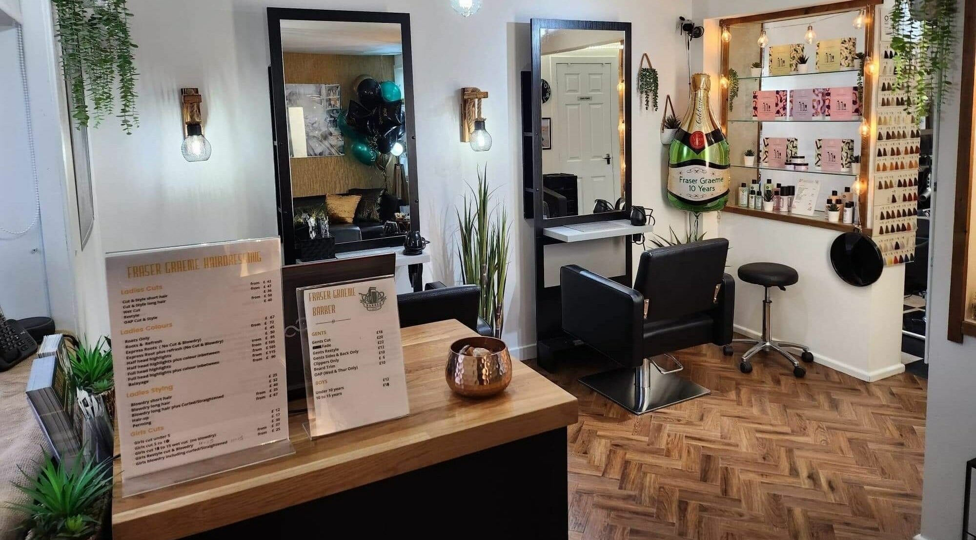 Interior of Fraser Graeme Hairdressing and Barber Invergowrie Dundee, modern design, Invergowrie, Scotland, GB.
