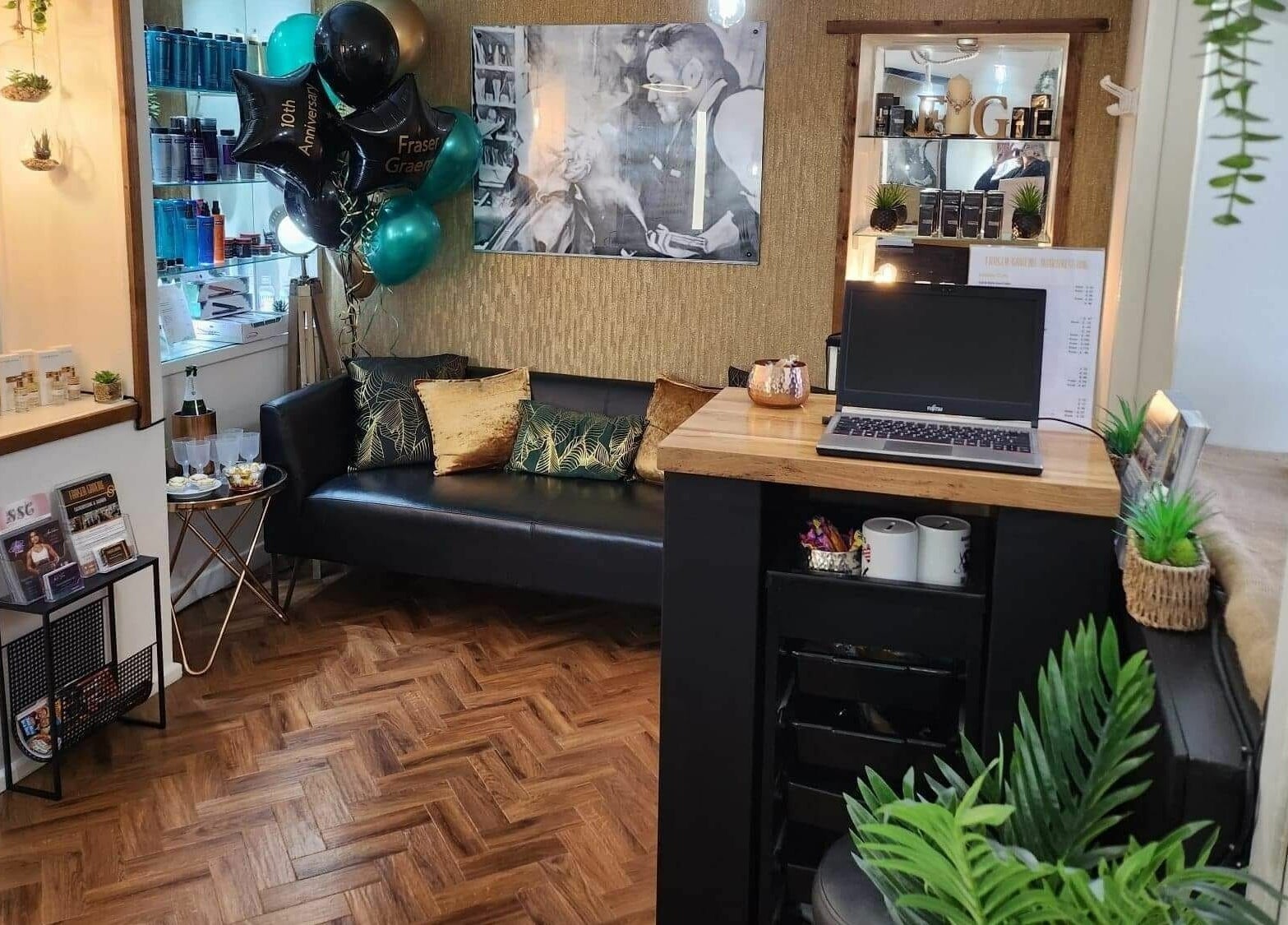 Chic salon interior of Fraser Graeme Hairdressing and Barber Invergowrie Dundee in Invergowrie, Scotland, GB.