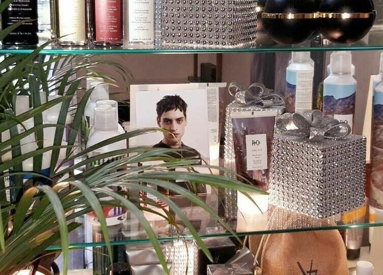 Stylish display of haircare products at Fraser Graeme Hairdressing and Barber Invergowrie Dundee, Invergowrie, Scotland, GB.