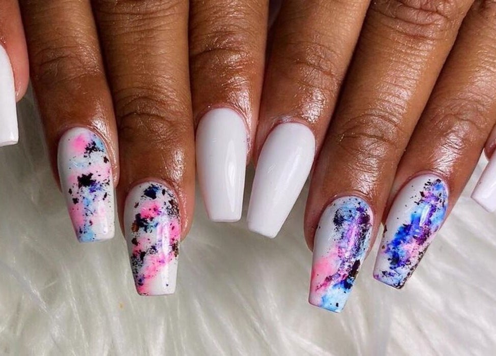 White nails with vibrant splashes at Bling Box Nails 246, Bridgetown, Saint Michael, BB.