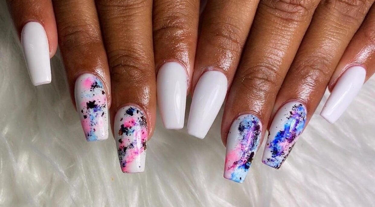 White nails with vibrant splashes at Bling Box Nails 246, Bridgetown, Saint Michael, BB.